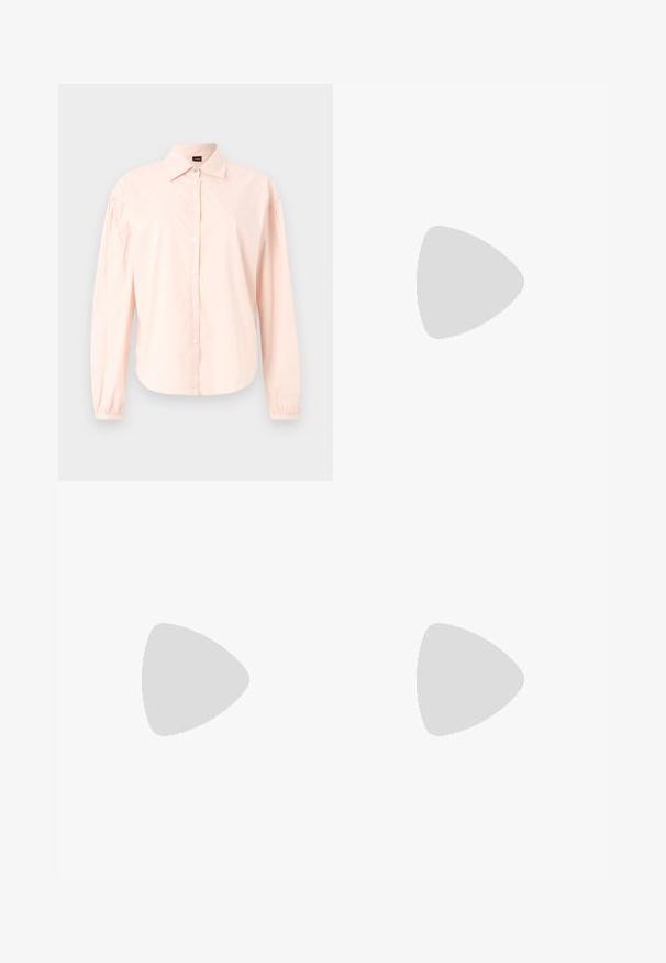 Long-sleeve, button-down shirt in light pink cotton. Features a classic collar, pleated shoulder detail, and rounded hem. Soft texture.; Black tailored trousers with a straight-leg design, featuring a smooth texture and crisp creases along the front. No visible hardware.; Black leather slingback heels with a pointed toe, featuring a slim heel and a gold-tone accent on the adjustable strap. Smooth texture.; Black leather handbag with a structured design, featuring a cropped shape, top handle, and gold hardware accent. Adjustable shoulder strap included.