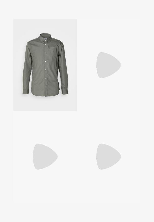Men's long-sleeved shirt in olive green fabric, button-up front, spread collar, and rounded cuffs with subtle texture.; Long-sleeve gray T-shirt in a soft, lightweight fabric with a classic round neckline and simple, unembellished design.; Dark wash wide-leg jeans made of denim, featuring a button closure, five-pocket design, and subtle fading across the fabric.; Black leather lace-up shoe with a rounded toe, textured rubber sole, and yellow stitching around the base. Flat design and smooth finish.