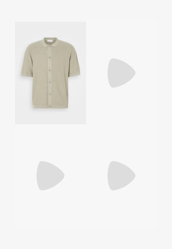 Maglione a maniche corte, con colletto, in maglione a costine di un verde chiaro. Presenta una chiusura con bottoni e una trama testurizzata con un design pulito e informale.; Pantaloni corti a righe marroni con vestibilità ampia. Realizzati in tessuto leggero, presentano plissettature e orlo risvoltato per un tocco di dettaglio.; Stivale da cowboy in pelle marrone con gambale alto, punta affusolata, motivi di cucitura intricati e tacco basso. Finitura testurizzata in tutto lo stivale.; Occhiali da sole neri rettangolari con lenti verdi, finitura opaca, dettagli hardware discreti e logo impresso sulla tempia.