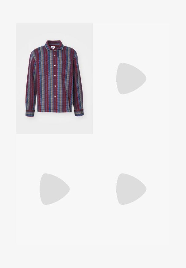 Long-sleeve button-up shirt featuring a maroon, blue, and green striped pattern, with two chest pockets and a collared neckline.; Three plain white cotton t-shirts with short sleeves. Each shirt features a round neckline and a small black logo tag on the left side.; Black athletic pants with elastic waist, gold and red side stripes, and yellow logos on the left thigh.; Red suede sneaker with white three-stripe design and gold "Gazelle" text. Features a rubber gum sole and textured heel.