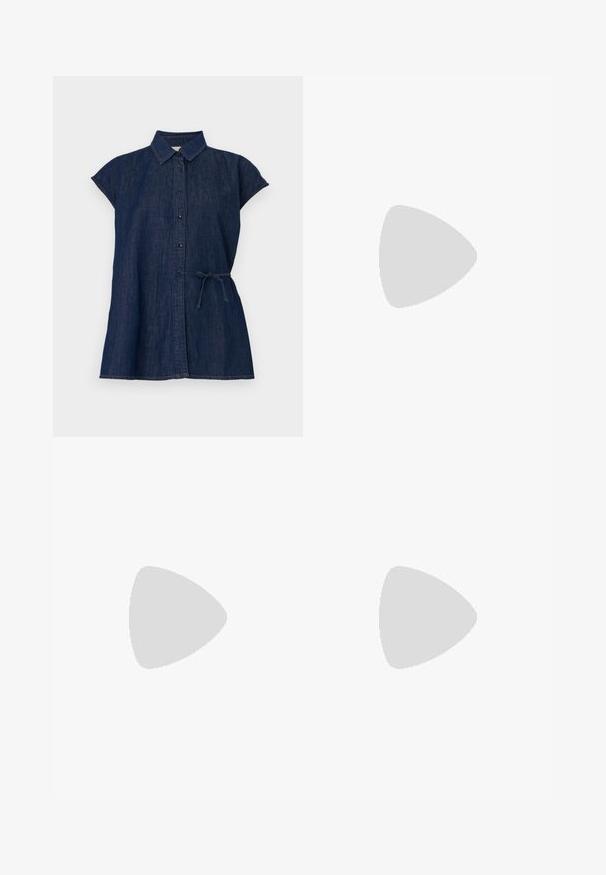 Dark denim shirt dress with a collared neckline, short sleeves, button front, and a waist tie for adjustment. Smooth texture and casual cut.; Knit white midi skirt featuring a textured pattern with vertical lines and cut-out details near the hem. Elastic waistband. Soft material.; Black leather ballet flat with a rounded toe, smooth texture, minimal stitching detail, and a flexible sole design.; Brown leather handbag with a flap closure, gold-tone hardware, a shoulder strap, and a smooth texture. Compact rectangular shape.