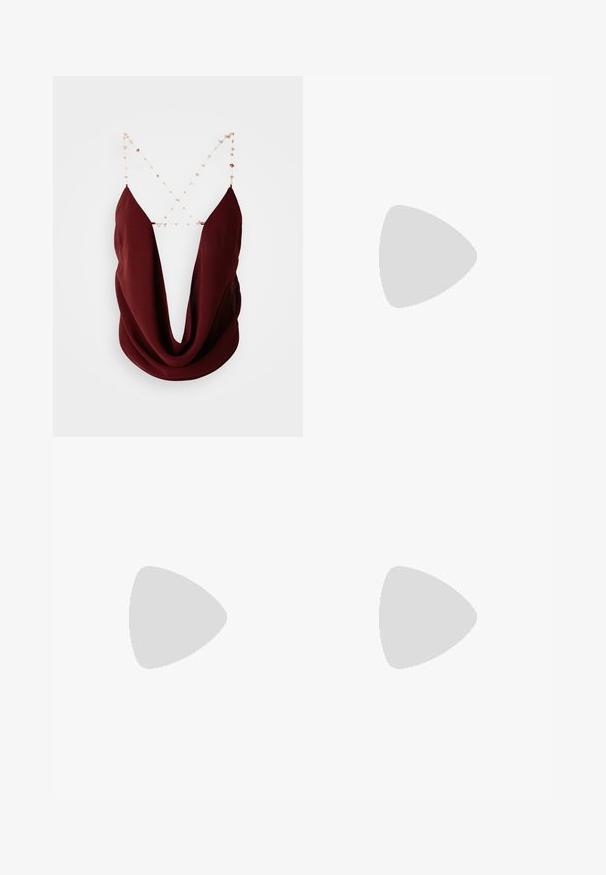 Burgundy sleeveless top with a deep V-neck and draped front. Features delicate chain straps with decorative beads. Smooth fabric texture.; Black wide-leg pants made of leather with a slight sheen. Features stitched detailing and front pockets, finished with a button and zipper.; Black leather clog with a rounded toe, silver-accented buckle straps, and a 2.5-inch block heel. Textured surface details on toe.; Brown suede hobo bag featuring silver studs along the top edge and a metallic bow charm attached to the strap. Wide opening and soft texture.