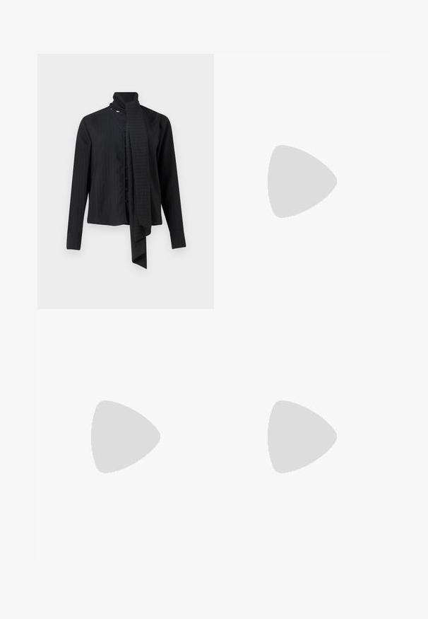 Black long-sleeve shirt with a fold-over collar and a loose scarf detail. Features vertical pinstripes and front button closure.; Black trousers with a flared design, made of smooth fabric. Features an elastic waistband and vertical seams for a tailored appearance.; Black leather stiletto shoe with a pointed toe, open back, and ankle straps tied in a bow. Slim 3-inch heel. Smooth texture, minimalist design.; Black leather crossbody bag featuring a smooth texture, rectangular shape, and a metallic chain detail on the front. Adjustable strap included.