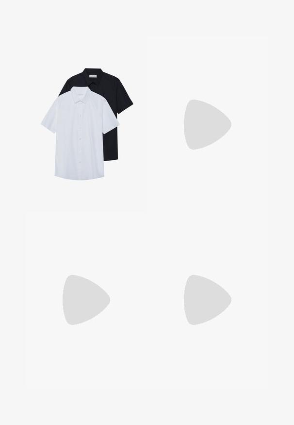 Camisas de manga corta con botones en blanco y negro, hechas de una mezcla de algodón. Presentan un cuello clásico y un dobladillo recto.; Tres camisetas sin mangas en gris, blanco y negro. Material de algodón suave con cuello redondo y corte relajado. Diseño simple, sin patrones.; Pantalones cortos de mezclilla negra con un ajuste relajado, diseño de cinco bolsillos y cierre de botón. La tela tiene una textura suave con un desgastado sutil.; Zapatilla de deporte de corte bajo con parte superior sintética negra, diseño de tres rayas blancas, suela con agarre texturizado y cordones negros.