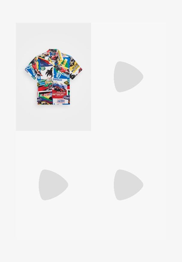 Short-sleeve, multicolored shirt featuring a racing car graphic design, with text, logos, and a mix of vibrant patterns on a lightweight fabric.; BOSS TEE - Basic T-shirt - open white; Light green cotton trousers with a straight fit, featuring a front button closure and side pockets. Smooth texture, no visible patterns.; White leather sneaker with black accents at the heel, featuring bold black lettering on the side and a rubber sole. Minimalist design.