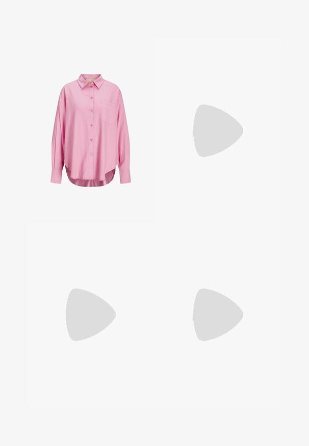 Light pink button-up shirt with a collared neckline, long sleeves, single chest pocket, and a slightly curved hem. Fabric appears soft.; Light pink satin maxi skirt with an elastic waistband, featuring a smooth texture and a simple, flowing silhouette.; Beige strappy heeled sandal with a square toe, twisted front design, ankle strap, and block heel. Smooth texture, minimalistic style.; White synthetic handbag with a triangular shape, flat front flap and bow detail, adjustable strap, smooth texture, and minimalistic design.