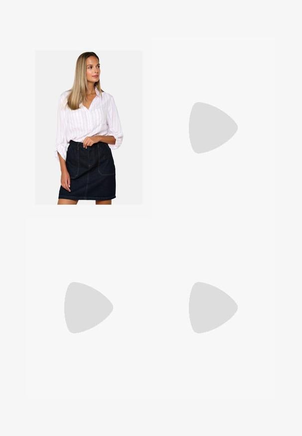 White button-up shirt with pink stripes, paired with a high-waisted dark denim skirt featuring front pockets and visible stitching details.; Brown wide-leg pants with a smooth texture, featuring a black belt at the waist and side pockets. Tailored design and relaxed fit.; Bershka High heeled sandals - black; Brown leather bag with a gathered top and a chain strap. Smooth texture with a glossy finish and subtle seam detailing on the sides.