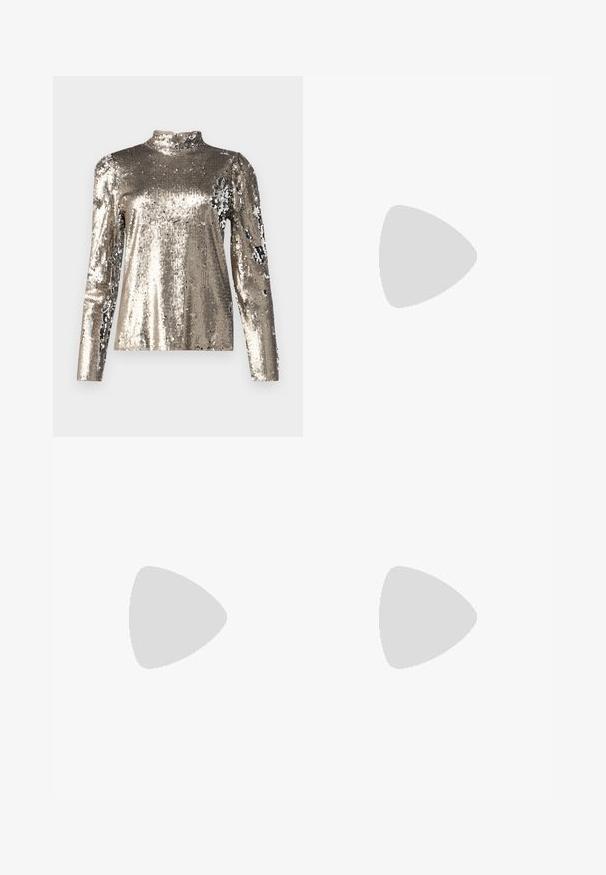 Long-sleeve, high-neck top covered in silver sequins. Features a smooth texture with a fitted silhouette and puffed shoulder design details.; Black tailored trousers with a straight-leg design, featuring a smooth texture and crisp creases along the front. No visible hardware.; Black leather slingback heels with a pointed toe, featuring a slim heel and a gold-tone accent on the adjustable strap. Smooth texture.; Black leather handbag featuring a structured design, dual top handles, gold-tone buckle accent, and embossed brand logo at the front.