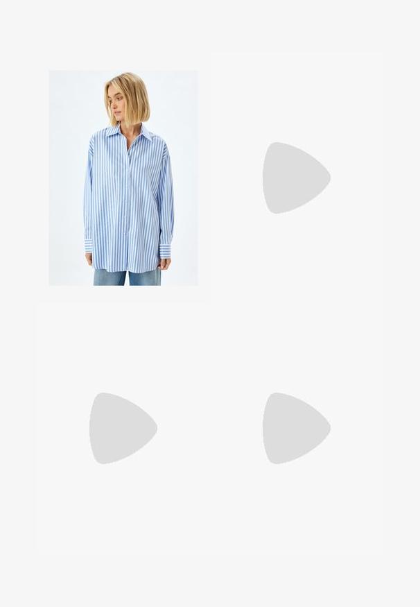 Blue and white striped oversized shirt, made of lightweight fabric, featuring a button-down front and wide cuffs.; Bershka WIDE-LEG - Wide Leg - light-blue denim; White leather sneakers with smooth texture, padded ankle, and perforated toe. Features a slightly elevated rubber sole and lace-up design.; White wool scarf with fringe detail at the bottom, featuring a circular button on one side. Soft texture, rectangular shape.