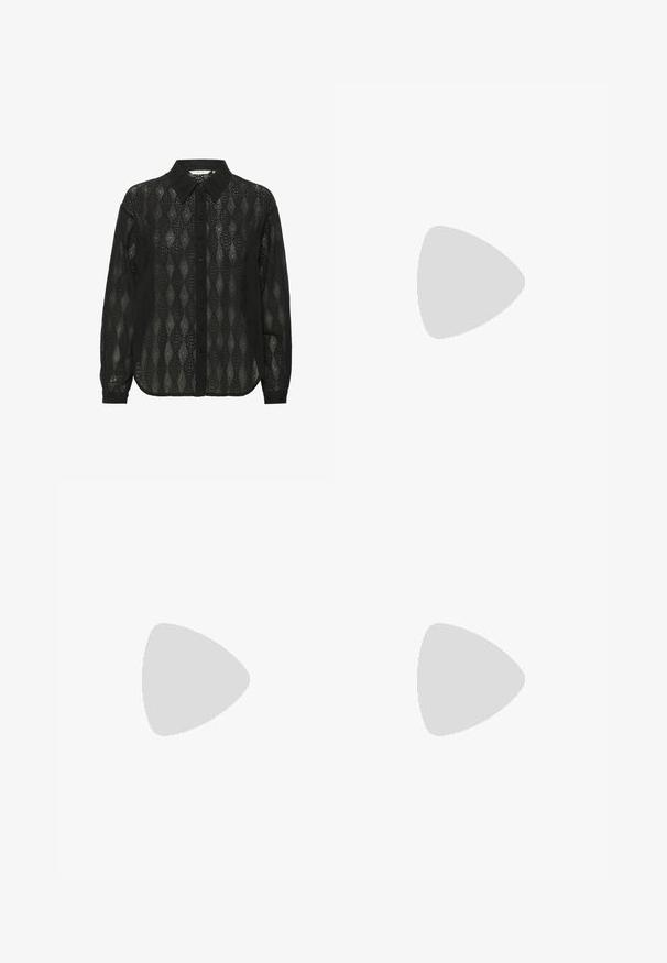 Black button-up shirt made of sheer fabric featuring a diamond pattern and a pointed collar. Long sleeves with buttoned cuffs.; Gray tailored trousers with a straight leg design, lightweight fabric, belt loops, and a narrow belt featuring a silver buckle.; Silver high-heeled sandal with a shiny strap design, featuring a pearl-like accent and a spiraled ankle strap for secure fit.; Black leather handbag with a curved shape, detachable strap, and gold hardware. The bag features a flap with a buckle detail.