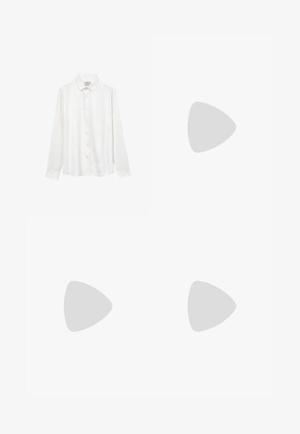 Weißes langärmeliges Hemd mit Knöpfen, aus glattem Stoff gefertigt, mit klassischem Kragen und einem sauberen, minimalistischen Design ohne Muster.; Schwarzes Baumwoll-T-Shirt mit einem kleinen, gelben Schmetterlings-Motiv im Flammenmuster auf der Brust. Rundhalsausschnitt, kurze Ärmel.; Hellblaue Denim-Jeans mit geradem Schnitt, Fünf-Taschen-Design und einem sichtbaren Markenlabel am Bund.; Weißes Leinenschuh-Design mit Jutesohlen, abgerundeter Zehenpartie und elastischen Seiten für einfaches Anziehen. Flaches Design, minimalistischer Stil.