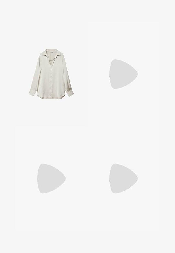 Camicia lunga in satin beige chiaro con collo, chiusura a bottoni e vestibilità rilassata. Texture liscia, orlo leggermente curvato.; Pantaloni ampi marroni con una texture liscia, caratterizzati da una vita alta e pieghe frontali. Il tessuto è leggero e scorre liberamente.; Décolleté in vernice nera con punta affusolata e tacco in geometria cubica. Presentano un design elegante e minimalista, con una texture liscia.; Borsa tote in pelle marrone con texture liscia, design con apertura superiore e due spallacci. Presenta cuciture minime e nessun hardware visibile.