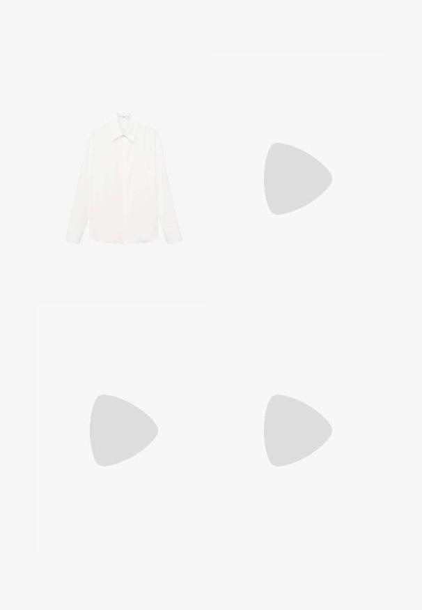 Weißes Langarmhemd mit klassischem Kragen, aus leichtem Stoff hergestellt, mit Knopfleiste und leicht lockerer Passform.; Schwarze weit geschnittene Jeans mit glatter Textur, hoher Taille und einem Markenpatch auf der Rückseite. Besitzt ein weites Bein-Design und verstärkte Nähte.; Schwarzer Lederknöchelstiefel mit quadrater Spitze und Blockabsatz. Das Design zeichnet sich durch eine glatte Textur und minimale Nähte aus.; Schwarze Cat-Eye-Sonnenbrille mit matter Oberfläche, grauen getönten Gläsern, scharfen Kanten und schlanken Bügeln. Der Markenname ist auf dem inneren Bügel sichtbar.
