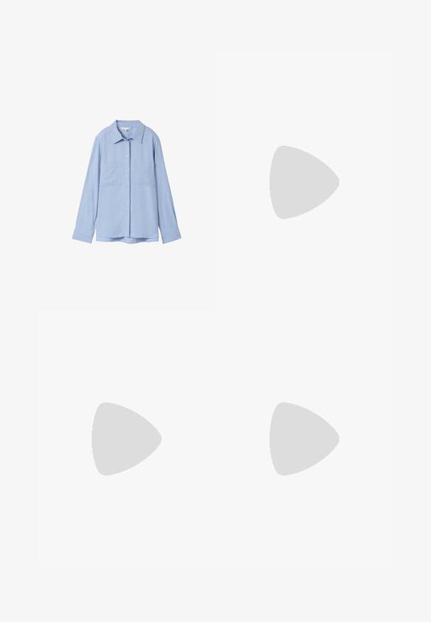 Camicia a maniche lunghe azzurro chiaro realizzata in un tessuto morbido, con colletto a punta, chiusura con bottoni e due tasche frontali.; Jeans in denim azzurro chiaro con un design a gamba dritta, cinque tasche e una chiusura a bottone in vita. Presentano cuciture visibili e una finitura sbiadita.; Sneakers crema e lavanda con tre strisce e suola marrone texturizzata, dotati di lacci e tallone imbottito. Parte superiore in tessuto morbido.; Borsa a spalla in pelle marrone con un design morbido, profili in oro e cuciture bianche a contrasto, tenuta da una persona che indossa abbigliamento in denim.