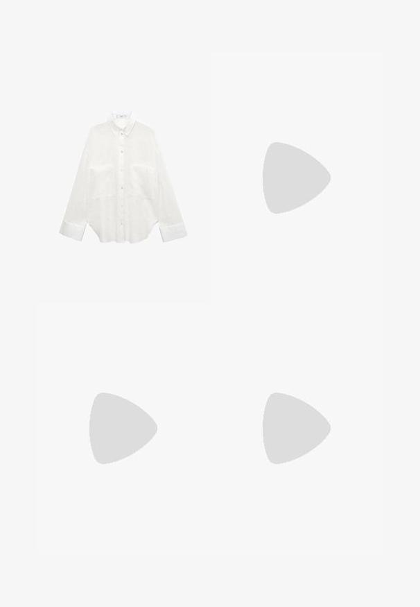 Camicia bianca a maniche lunghe realizzata in un tessuto leggero, con chiusura a bottoni sul davanti, due tasche sul petto e un classico design del colletto.; Pantaloni a gamba larga marroni con una texture liscia, dotati di una cintura nera in vita e tasche laterali. Design sartoriale e vestibilità rilassata.; Sandal in pelle nera open-toe con una fascia ampia e un tacco a blocco solido. Caratterizzato da una texture liscia e un design minimale.; Borsa in pelle marrone con parte superiore arricciata e tracolla a catena. Texture liscia con finitura lucida e dettagli di cucitura sottili sui lati.