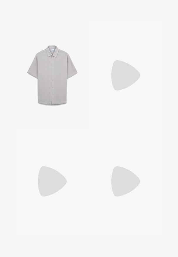 Light gray button-up short-sleeve shirt with a collar, made of textured fabric featuring subtle pattern and plastic buttons down the front.; Denim shorts in light blue with a loose fit, featuring two back pockets and visible stitching. Fabric has a soft, smooth texture.; Olive green slip-on clog with wide adjustable strap and bronze buckle, cork footbed, and black rubber sole.; Black rectangular sunglasses with bold orange lenses. Features a unique bridge design and sleek arms, crafted from lightweight material.