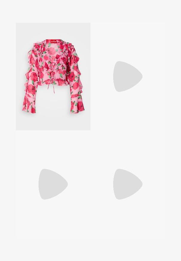 Pink floral crop top featuring ruffled sleeves, tie-front detail, and a lightweight, sheer fabric with red rose patterns and green leaves.; Black wide-leg jeans made of denim, featuring a front button closure, five pockets, and a small logo patch on the waistband.; Black leather ankle boot with a pointed toe, small heel, and metallic accent detail on the toe. Smooth, matte texture throughout.; Denim handbag with quilted pattern, blue color, short braided handle, and silver chain strap featuring metallic brand lettering detail.