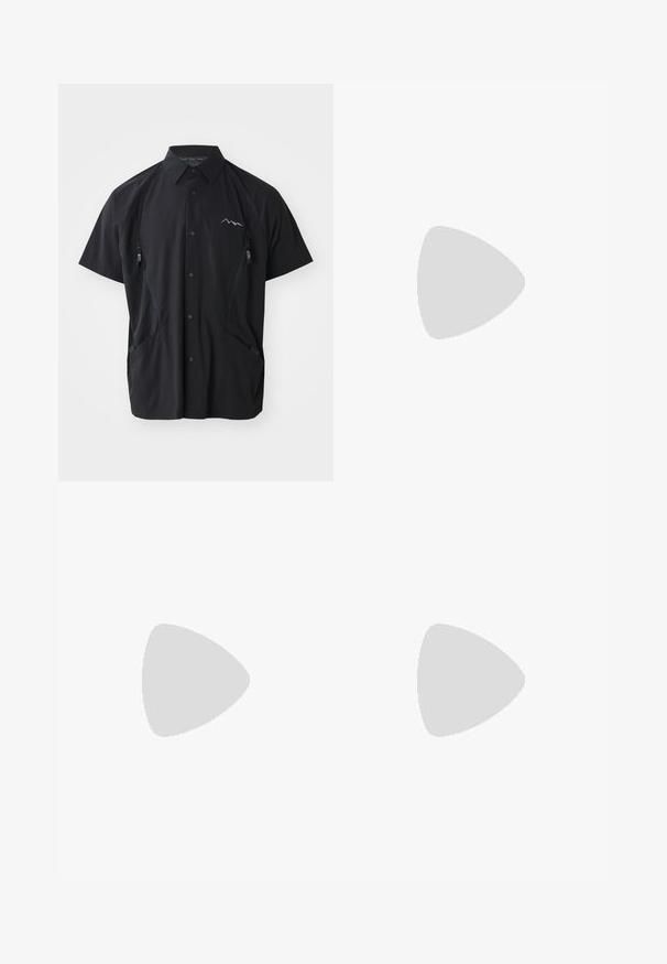Black short-sleeve shirt made from lightweight fabric, featuring a collared neckline, two zippered chest pockets, and mountain logo on the left.; Black sleeveless t-shirt made of cotton, featuring a high neckline and a small white logo on the front, smooth texture, and relaxed fit.; Black shorts made of woven fabric, featuring a straight cut, standard waistband, and no patterns or visible hardware.; Black leather lace-up ankle boots with a chunky textured rubber sole and yellow stitching detail around the platform.