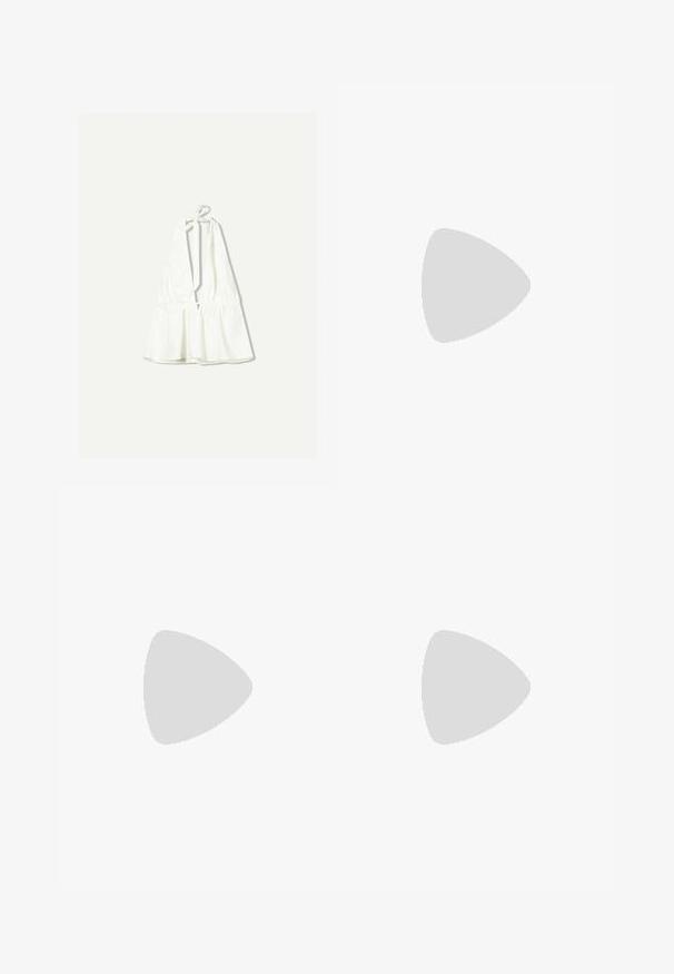 Bela halter majica z globokim V-izrezom in nastavljivimi vezalkami. Ima nabran videz na pasu in je izdelana iz lahkotnega materiala.; Črne, lahke široke hlače z elastičnim pasom in vrvico. Gladka tekstura, brez vidnih vzorcev ali strojne opreme.; Črne lakirane čevlje s peto s krožno konico, majhna blok peta in naguban dodatek spredaj. Gladka tekstura z sijajnim zaključkom.; Okrogle, rjavo obarvane sončne naočare z sijočim burgundskim okvirjem. Tanek nosilec s subtilnim logotipom. Oblika leč je ravna.