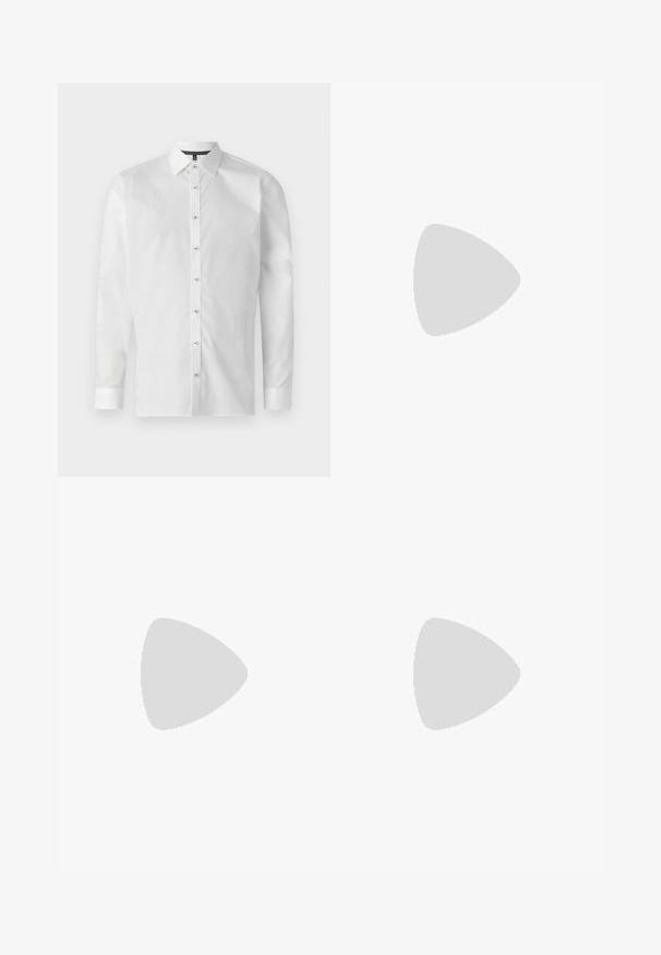 Balta ilgomis rankovėmis marškiniai, pagaminti iš lygios medžiagos, su klasikiniu apykakle, mygtukais priekyje ir mygtukais ant rankovių. Tamsiai raštuota vidinė apykaklė.; Juodi plačios kojos kelnių pagaminti iš sklandžios medžiagos, turintys aukštą liemenį, du sidabriniai sagteliai liemens srityje ir raukšlėtas priekis.; Bordo spalvoti odiniai loafersai su suapvalintu pirštu, subtiliomis siuvinėjimo detalėmis ir žema juoda arba. Klasikinis dizainas su minimaliais puošmenių.; Juodos saulės akinių su stačiakampiu rėmeliu, tamsiais lęšiais, sidabrinėmis detalėmis šventrajose ir matinio paviršiaus rėmeliu.