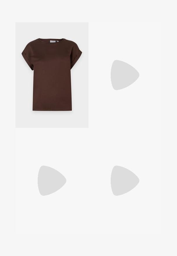 Brown short-sleeved top featuring a round neck, a relaxed shape, and smooth fabric texture. Minimalist design with no patterns or accents.; Leopard print trousers feature a black and beige pattern, elastic waistband, and straight leg design. Made from soft, lightweight fabric.; Black suede heeled sandals with a thin ankle strap, open toe design, and a modest block heel. Smooth texture and minimal accents.; Even&Odd Handbag - brown