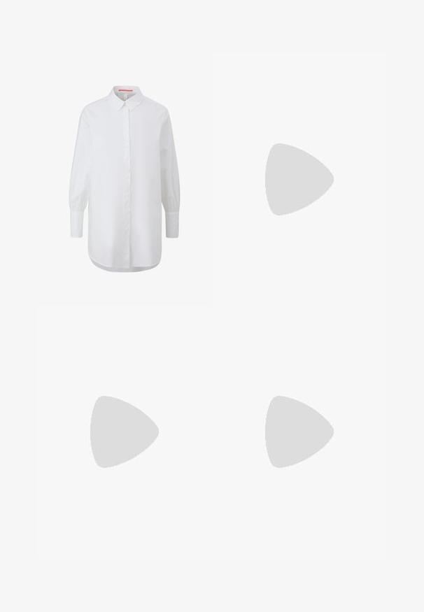 QS Camicia - weiß; Pantaloni a gamba larga in tessuto crema con una texture liscia, caratterizzati da un singolo bottone frontale, pieghe sottili e un design a vita alta.; Infradito in pelle marrone con suola piatta, dotate di una larga fascia e accenti geometrici bianchi per un design minimalista.; Mango Borsa a mano - brown