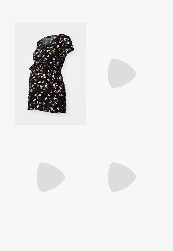 Anna Field MAMA Blúz - multi-coloured; Fekete kismama, bőszárú nadrág, magas derékkal, puha, rugalmas anyagból készült. Kényelmes fazon és sima textúra jellemzi.; Fehér és bézs sneaker, sima bőr felsőrésszel, velúr kiegészítőkkel, lekerekített orral és texturált gumitalppal. A márkanevével ellátva az oldalon.; Fekete szövet válltáska aranyszínű fémalkatrészekkel, amely egy fő cipzáras rekesszel és két kisebb cipzáras zsebbel rendelkezik az oldalain.