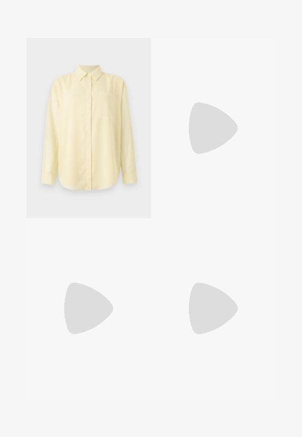 Yellow long-sleeve collared shirt with front buttons and a patch pocket on the left side, made from smooth, lightweight material.; Beige wide-leg trousers with a smooth texture, featuring a high waistband and two front pockets. Clean design with a tailored fit.; White leather sneakers with a thick white sole, black suede heel accent, and embossed logo on the side. Laced design with six eyelets.; Black oversized sunglasses with a geometric shape, featuring dark lenses and a contrasting grey detail on the frame. Logo on the arm.