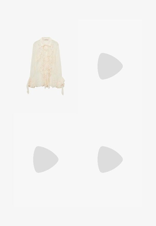 Mango DOLL - Camicia - off-white; Pantaloni a gamba larga marroni con una texture liscia, dotati di una cintura nera in vita e tasche laterali. Design sartoriale e vestibilità rilassata.; Sandal in camoscio marrone con tacco alto, punta aperta, cinturino alla caviglia regolabile e suola a piattaforma striata.; Borsa in pelle marrone con parte superiore arricciata e tracolla a catena. Texture liscia con finitura lucida e dettagli di cucitura sottili sui lati.