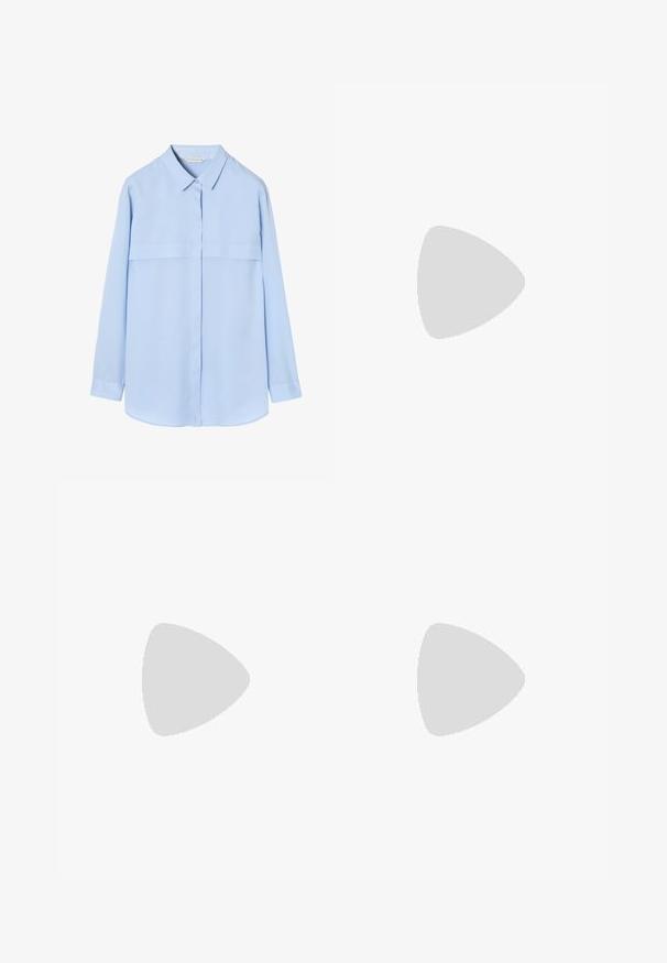  világoskék, hosszú ujjú ing, gombos gallérral, két mellzsebbel, sima, enyhén fényes textúrájú anyagból.; Polo Ralph Lauren HEMP WIDE LEG PANT - Nadrágok - nevis; Fekete lakkbőr loaferek lapos talppal, lekerekített orral és díszítő pánttal, amely aranyszínű kiegészítővel rendelkezik. Simára polírozott, fényes felület.; Krém színű bőr kézitáska ívelt formával, arany színű fém részletekkel. A pánt fémtartóval van rögzítve.