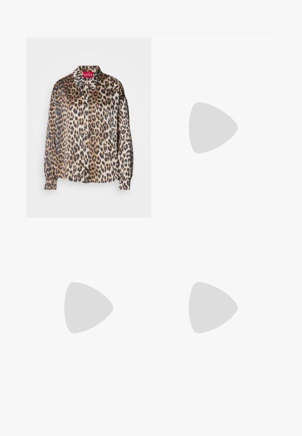 Bluse med leopardprint i silkeagtigt stof, med klassisk krave, knaplukning foran og lange ærmer med elasticerede manchetter. Farverne inkluderer beige og brun.; Beige vide ben bukser med en glat tekstur, der har en skræddersyet pasform, to forlommer og diskrete folder langs benene.; Patentlakerede lyserøde flade sko med rund tå, ankelstrop og lav blokhæl. Glat tekstur og minimalistisk design.; Brun læder skuldertaske med en struktureret form, der har en magnetisk klaplukning og en metallisk logoaccents på forsiden.