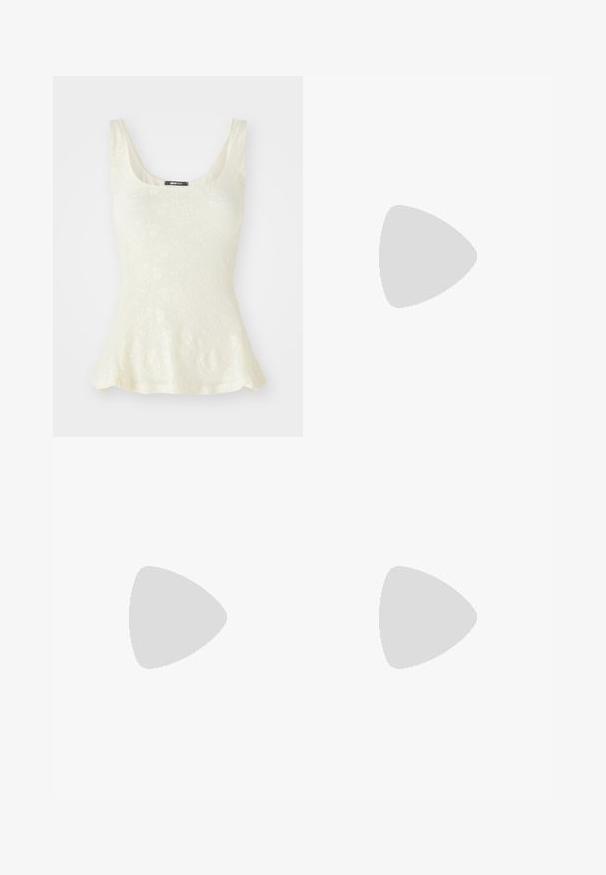 Light-colored sleeveless top with a floral lace pattern and a flared hem. Label visible at the neckline reads "gina tricot."; Wide-leg trousers in a soft, muted grey fabric, featuring a belted waist and pleats for added design detail. Smooth texture, no patterns.; Flat sandals with a tan rubber sole, designed with three overlapping white leather straps and a small bow detail at the center.; Cream leather shoulder bag with a crescent shape, thin strap, and subtle stitching detail. Minimalist design with gold-tone hardware accents.