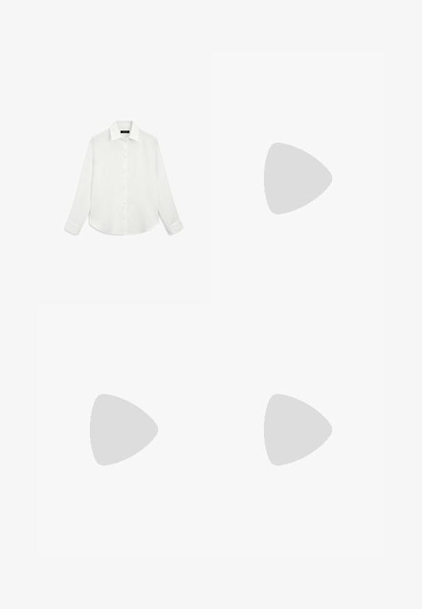 Wit langermig overhemd met een kraag, knopen aan de voorkant en een afgeronde zoom. Gemaakt van lichtgewicht stof met een gladde textuur.; Zwarte wijde spijkerbroeken van denim. Heeft een klassiek vijf-pocketontwerp, een rechte silhouet en een knoopsluiting aan de voorkant.; Geweven beige ballerina's met een puntige neus, zachte textuur, lage profiel en een tan rubberen zool. Klassiek ontwerp met complexe details.; Bruine gebreide sjaal met een zachte textuur, met een verlengd, gedrapeerd ontwerp. De randen zijn afgewerkt met een geribbelde rand.; Geweven olijfgroene handtas met een ronde vorm en een gedraaide handgreep. De textuur heeft een diagonaal patroon. Ritssluiting.