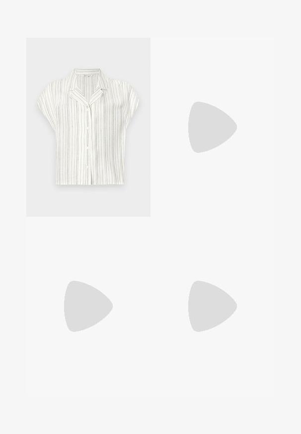 Short-sleeve shirt in lightweight, cream fabric with vertical brown stripes, featuring a button closure and a notched collar design.; Olive green shorts with pleats, featuring a woven straw belt and wooden ring buckle. Smooth texture, tailored design with clean lines.; Brown leather loafers with a glossy finish, featuring a decorative gold buckle on the front and a low block heel. Classic design.; Large straw tote bag with a textured, beige exterior and two wide handles. Features a leather accent strap for closure.