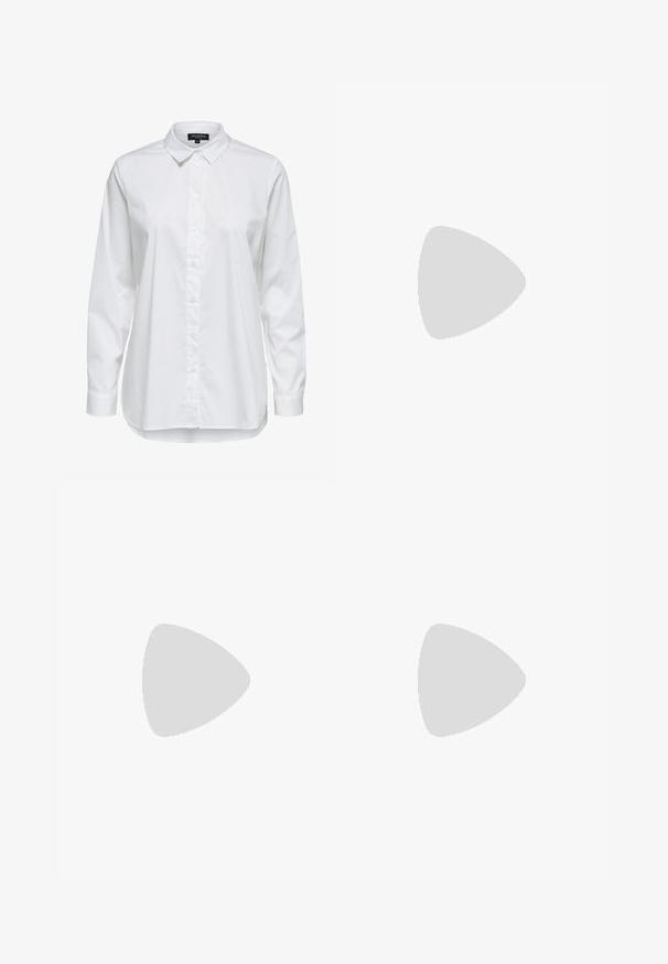 White button-up shirt made of smooth fabric, featuring a pointed collar, long sleeves, and a straight hem with a slightly longer back.; Wide-leg jeans in off-white denim. High-waisted design with a button closure, two front pockets, and contrast stitching details.; Navy canvas wedge sandal with an espadrille rope outsole and cream ribbon ties at the ankle. Closed heel and round toe design.; Brown textured leather crossbody bag with gold chain strap and flap closure. Front features logo detail and a pocket under the flap.