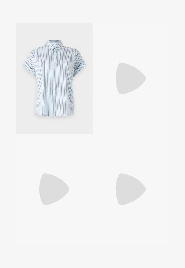 Light blue short-sleeve shirt with vertical stripes, featuring a buttoned front and a classic collar, made of smooth fabric.; Black tailored trousers with a straight-leg design, featuring a smooth texture and crisp creases along the front. No visible hardware.; Black strappy sandal with a square toe and a low block heel. Features multiple thin straps and an adjustable ankle strap. Made of smooth leather.; Blue patterned handbag made of fabric, featuring a curved shape, black leather strap, and logo design in a lighter shade.