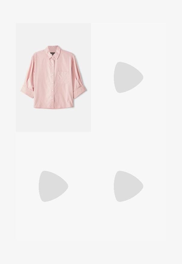 Short-sleeve button-up shirt in light pink with narrow white and red stripes, featuring a left chest pocket and a spread collar.; Wide-leg denim jeans in medium blue. Made from cotton, featuring a classic five-pocket design and a button closure at the waist.; Black flat slide sandal made of synthetic material, featuring a wide strap with a metallic logo accent and a smooth, glossy finish.; Black handbag made of textured leather, featuring a diamond pattern, gold-tone chain strap, and a top handle with a logo-embossed flap closure.