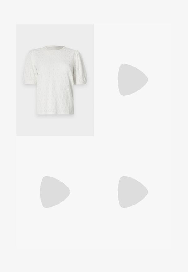 Witte top met korte mouwen en pofmouwen, met een textuur van bloemenpatroon en een ronde hals. Gemaakt van lichte stof.; Donkerblauwe denim bermuda shorts met een trekkoord in de taille, voorzien van standaard riemlussen en zichtbare stikseldetails.; Witte high-top canvas sneakers met een zwarte rubberen zool, een rubberen neuskap aan de voorkant en zes gaatjes voor veters, met een schone, minimalistische uitstraling.; Rode leren handtas met een hoekig, geometrisch ontwerp. Beschikt over een enkele verstelbare schouderriem en een klepclosure met gestikte details.