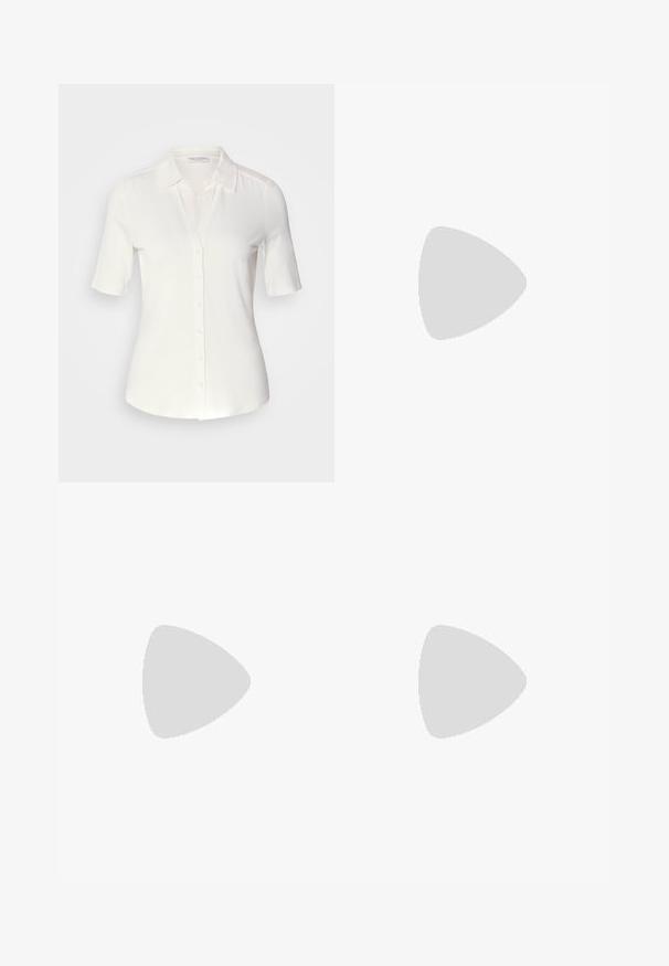 Camicia bianca a maniche corte con bottoni, realizzata in un tessuto morbido e liscio. Presenta un colletto classico e una silhouette aderente con una finitura pulita.; Top in cotone bianco a spalla larga con spalline sottili. Tessuto liscio senza motivi visibili o decorazioni.; Gonna midi in satin blu con una finitura liscia e lucente. Silhouette svasata, l'orlo curvato dolcemente, evidenziando il suo design fluido.; Décolletés Mary Jane bianchi in pelle con punta affilata, fibbia laterale e tacco basso nero. Texture liscia e design minimalista.
