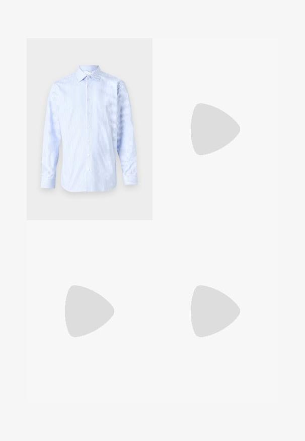 Šviesiai mėlynas ir baltas dryžuotas ilgarankovis marškinis su klasikiniu apykakle, sagstomu priekiniu užsegimu ir rankogaliais, pagamintas iš glotnaus audinio.; Šviesiai pilki džinsai su tiesiu kirpimu, penkiais kišenėmis ir mygtuko uždarymu. Matoma siuvimo linija palei siūles.; Juodi odiniai loaferiai su apvalia nosimi, su siuvinėtu dizainu, žemu platformos padu ir tekstūruotu, sukibimo raštu padu.; Rudas odinis paštininko krepšys su lygiu priekiniu dangčiu, dviem diržais, auksiniais detalėmis ir reguliuojamu peties diržu.