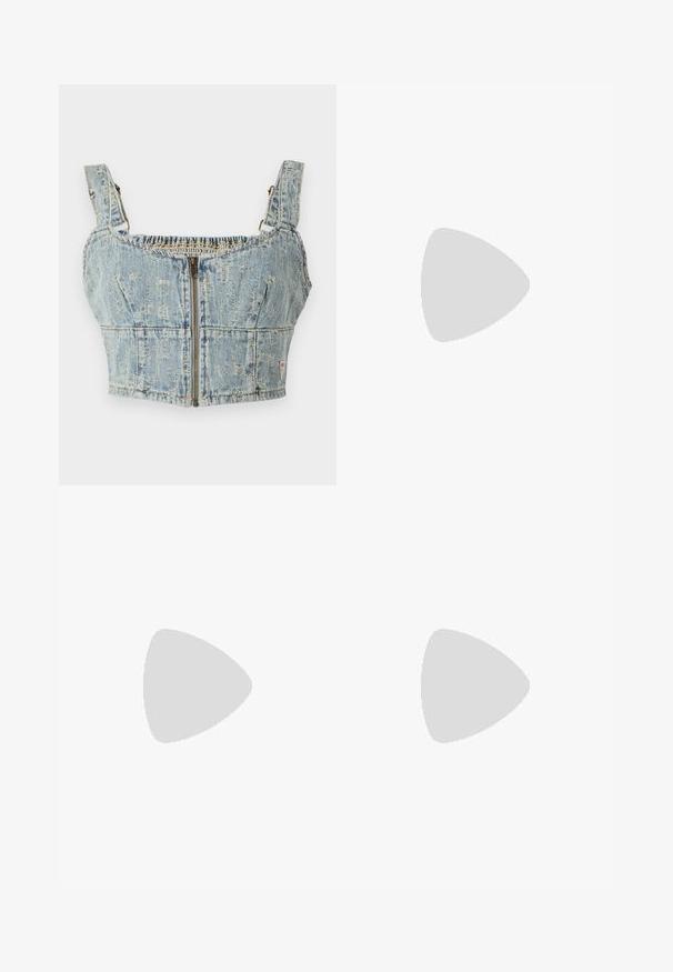 Denim crop top with a light blue wash, features zipper closure, smocked back, and wide straps. Details include stitching and slight distressing.; Black tailored trousers with a straight-leg design, featuring a smooth texture and crisp creases along the front. No visible hardware.; Black leather slingback heels with a pointed toe, featuring a slim heel and a gold-tone accent on the adjustable strap. Smooth texture.; Black leather handbag with a structured design, featuring a cropped shape, top handle, and gold hardware accent. Adjustable shoulder strap included.