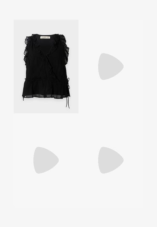 Black sleeveless top with ruffled edges, V-neckline, and a flared hem. Made of lightweight fabric with a textured finish and drawstring detail.; Black tailored trousers made of a smooth fabric, featuring a straight-leg design, and two side pockets. Elegant and minimalistic construction.; Black leather ballet flat with a rounded toe, smooth texture, minimal stitching detail, and a flexible sole design.; Black leather handbag with a curved shape, featuring a decorative design on the front, a short strap, and gold-tone hardware accents.