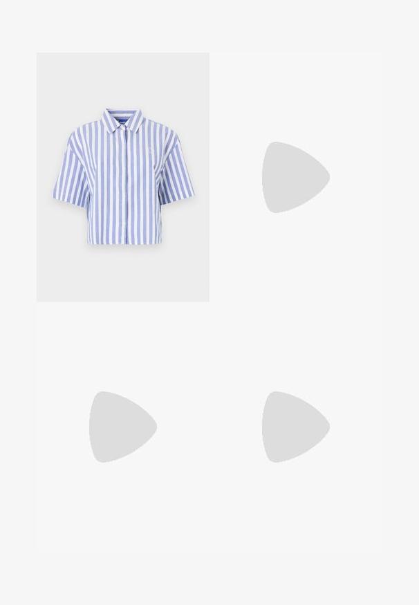 Cropped short-sleeve shirt in light blue and white vertical stripes, button-down front, classic collar, soft textured fabric.; White wide-leg trousers made of cotton, featuring a high waist, front pleats, and a silver logo accent on the waistband.; Suede clogs in light olive green with a molded cork and rubber sole. Features a side strap with a metal buckle and a rounded toe.; Rectangular brown sunglasses with a dark brown plastic frame. Features brown tinted lenses and gold accent on the temple.