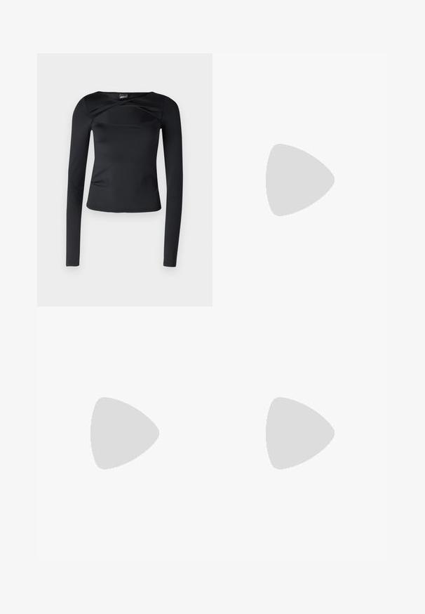 Black long-sleeve top made of smooth fabric. Features a wide round neckline and a twist detail on the front, with a fitted silhouette.; Light blue flared jeans made of denim, featuring a high waist, five-pocket design, and subtle gradient fading towards the hem.; White leather sneaker with perforated toe box, textured sole, and white laces, paired with wide red pants and a blue and yellow background.; Black leather clutch bag with a flap and a gold metal buckle detail. Includes a black strap and a sleek, minimalist design.; Silver hoop earrings with a twisted design, featuring a polished finish and post-back closure. Measure approximately 3 cm in diameter.