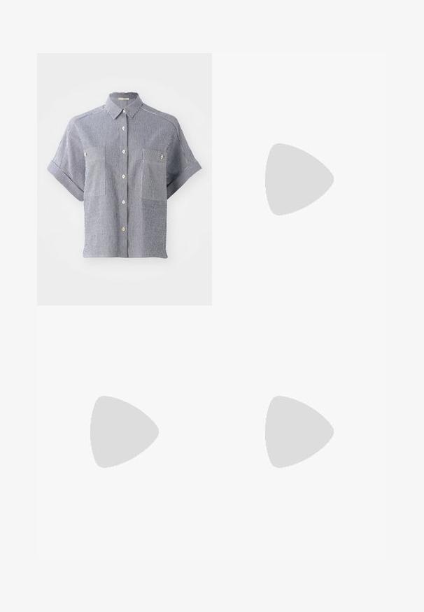 Short-sleeve button-up shirt in blue and white striped cotton, featuring two front pockets and a classic collar.; Wide-leg pants in light cream fabric, featuring side pockets, a flat front, and a single button closure at the waist. Smooth texture.; Beige block-heeled sandals with thin straps and a square toe. Smooth material with minimal detailing, designed for easy wear.; Black leather shoulder bag with a soft texture, triangular shape, and adjustable strap, paired with a light blue striped shirt and white pants.