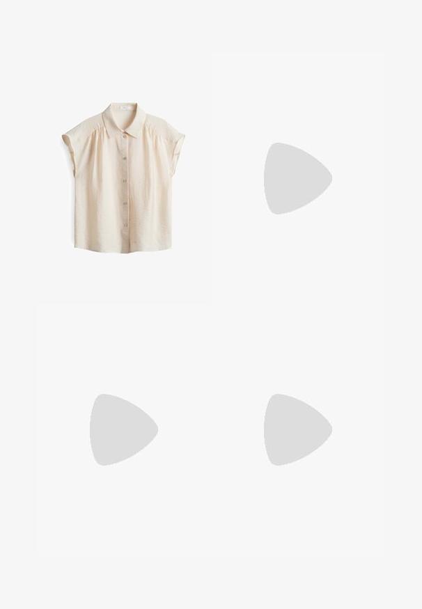 Light beige short-sleeve blouse with a button-down front, soft textured fabric, and a classic collar featuring subtle gathering at shoulders.; Black trousers with a straight fit, featuring front pockets and side slits at the hem. Made of soft, smooth fabric. Suitable for various occasions.; Black flat sandals featuring a glossy finish, three thin straps, and a circular hardware detail at the toe. Sleek design with a minimal heel.; Black rectangular sunglasses with dark lenses, smooth plastic frame, and curved temples. The design is chunky with a minimalist aesthetic.