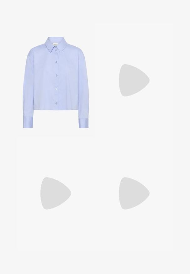 Light blue cropped button-up shirt with a collared neckline, long sleeves, and clear buttons. Subtle logo detail on the chest.; Black wide-leg denim pants with three white stripe accents on each side and a small white logo. Features front pockets and a button closure.; Black leather sneaker with white stripes, rubber toe cap, black laces, and a cream-colored outsole. Smooth texture with shiny finish.; Blue fringed scarf made of soft fabric; features a solid color with a textured surface and evenly cut fringe at the bottom.; Black square crossbody bag made of textured synthetic material. Features an embossed logo design and adjustable strap. Zipper closure.