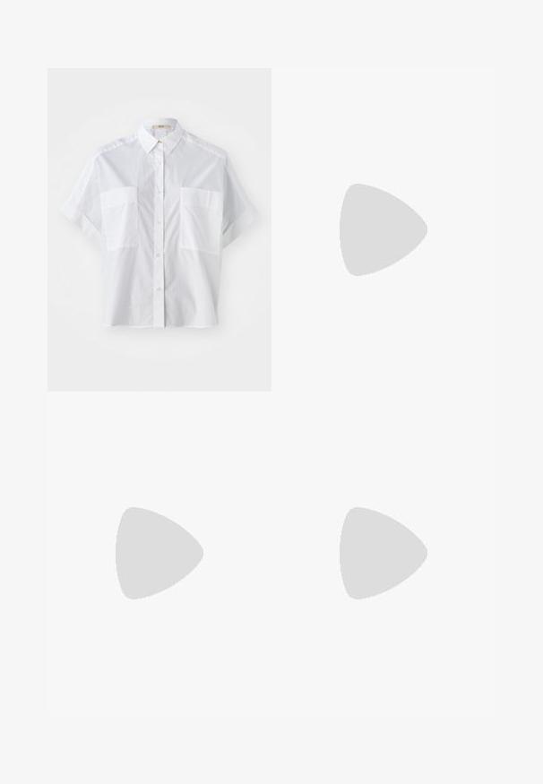 White short-sleeve shirt made of lightweight fabric, featuring a button-down collar and two chest pockets. Smooth texture with a tailored fit.; Black wide-leg trousers made of smooth fabric, featuring a high waist, pleats, and a tailored design. Simple black hardware at the waist.; Gold slide sandal with three horizontal straps. Flat sole and smooth material texture, featuring an open toe design.; Black crocodile-embossed leather handbag with a structured design, top handle, adjustable strap, and a prominent front logo detail.