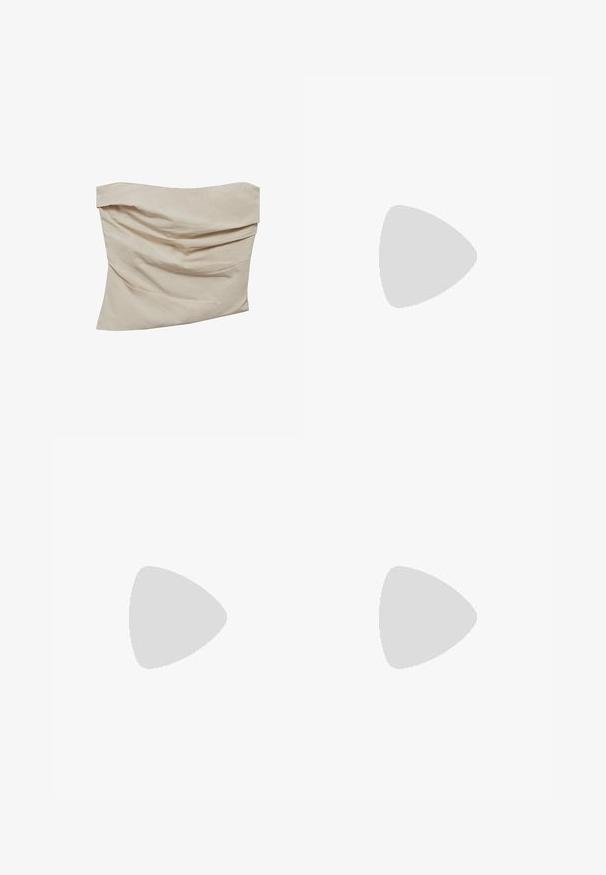 Beige strapless top made of soft fabric. Features a draped design with angular folds, creating texture and movement.; Black wide-leg pants made from lightweight fabric, featuring an elastic waistband with a drawstring for adjustable fit. Smooth texture.; Brown leather slide sandal with a flat sole, featuring a wide strap and white geometric accents for minimalistic design.; Black oversized sunglasses with brown lenses. Features unique striped arms in green and red, and gold hardware accents. Square shape.; Suede crossbody bag in mustard with pink embroidery. Rounded shape, gold hardware accent, adjustable strap, and flap closure.; Gold necklace with a delicate chain and a circular pendant embossed with the letter "L". The pendant has a textured finish.