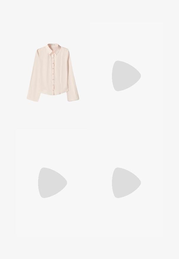 Svetloružová blúzka s dlhým rukávom, špicatým golierom a zapínaním na gombíky. Má mierne zakrivený lem a textúrovaný povrch látky.; Džínsy s širokými nohavicami v stredne modrej farbe, s dvoma prednými vreckami na gombíkovné zapínanie a šitými detailmi pozdĺž lemov.; Even&Odd Tenisky - white/black; Hnedá kožená kabelka cez telo s zakriveným tvarom, zlatými kovovými doplnkami a akcentom s prackou. Obsahuje odnímateľný ramenný popruh.